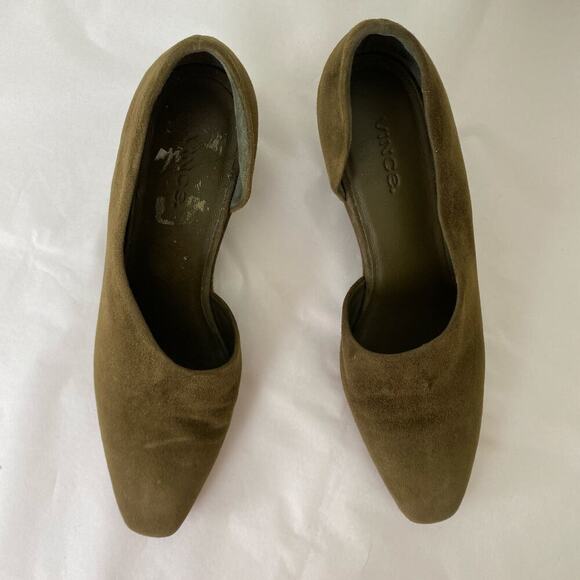 Vince Barolo Suede Wedge Heel Size 6.5 Olive Green Square Toe Casual D'Orsay - Picture 4 of 13